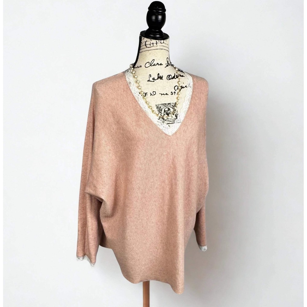 Siani Milano Sweater Pink Lace Trim V-Neck Batwing Sleeve Oversized Slouchy 1x
